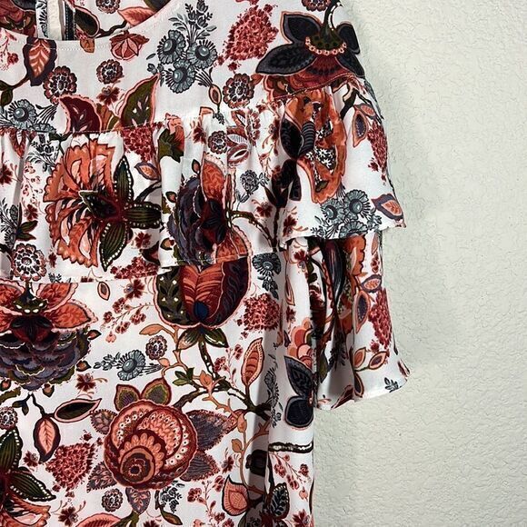 LOFT White Floral Short Sleeves Ruffled Knit Crew Neck Boho Top Women's Medium - Picture 3 of 8